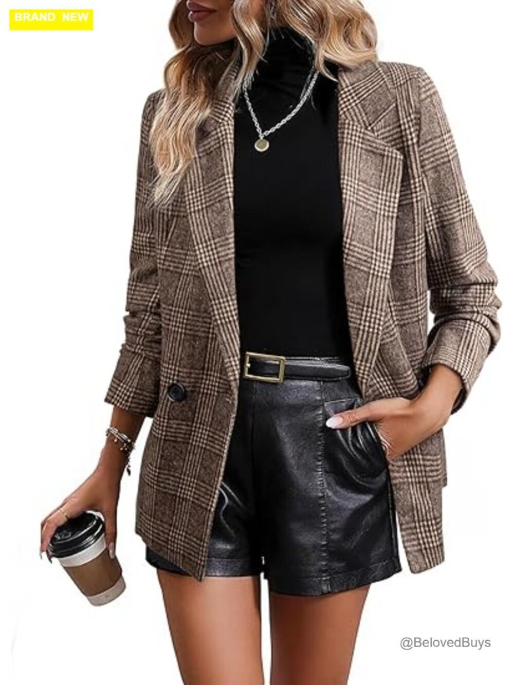 Plaid Double Breasted Blazer Classic Lapel Collar Open Front Work Suit Jacket